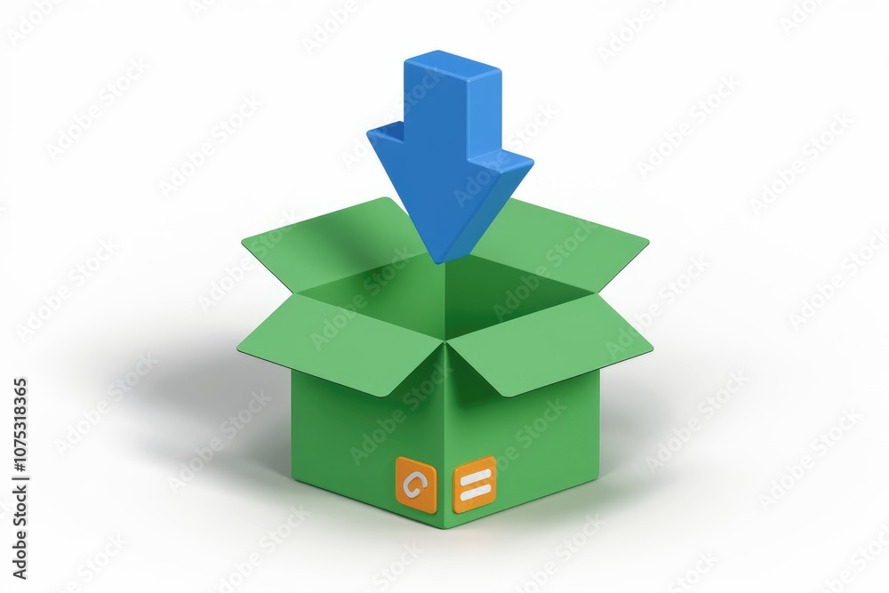 Poster a blue downward arrow above an open green box symbolizing downloading or receiving.