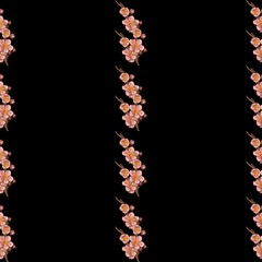 Big Vertical Lines Sakura on Black Background Seamless Pattern Design