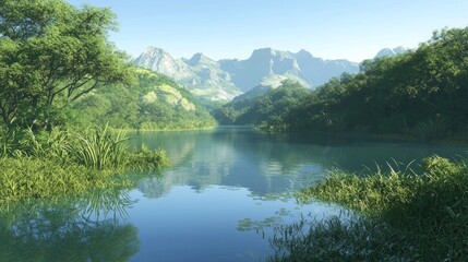 Fototapeta premium Pristine Lake Serenity with Invasive Species Awareness - Ultra-Detailed Environmental 3D Render