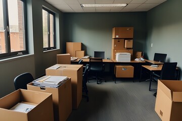 Office workspace on moving day, complete with chairs and cardboard boxes