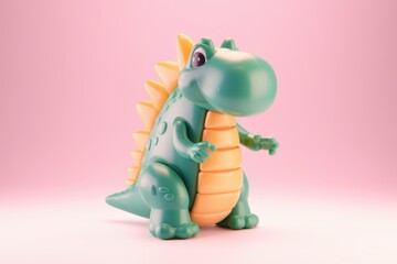 A green plastic toy dinosaur with yellow spikes and a pink background.