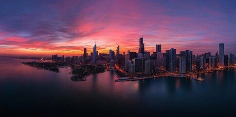 Fototapeta premium Aerial Photograph of Chicago Skyline at Sunset. AI generated illustration