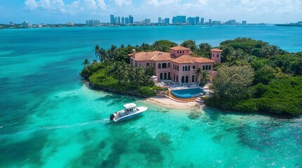 Aerial View of Luxury Mansion and Bimini Island Villa in Miami. AI generated illustration