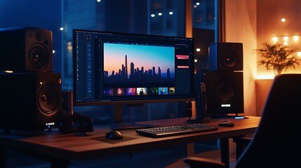 Realistic desktop mockup showing a video editing app in use, ideal for advertising creative software