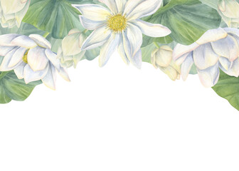 Watercolor blooming white lotus with yellow center horizontal border. Hand painting waterlily flowers with buds, leaves botanical illustration for wedding design, greeting card. Copy space for text