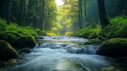 Obraz premium A Serene Forest Stream with Sunbeams Filtering Through the Canopy
