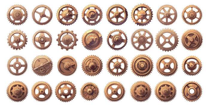 Bronze gears. Cartoon round retro steampunk metal wheel, machinery element gearwheels set vector illustration