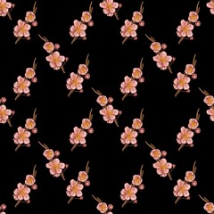 Small Diamond Sakura on Black Background Seamless Pattern Design