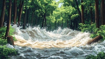 A raging river rushing through a dense forest