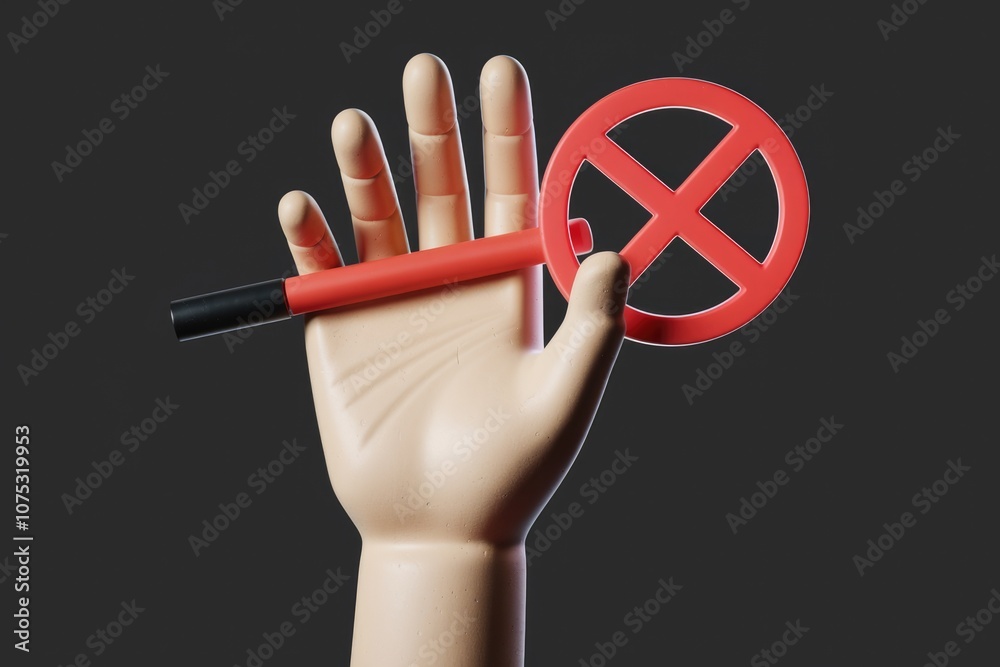 Poster A 3D rendered hand holding a red stick with a red circle and a black X in the middle