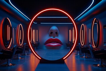 A futuristic salon scene with advanced tools, holographic styling guides, and high-tech hair treatments