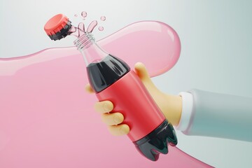 Naklejka premium A hand holds a red soda bottle with a pink liquid splash behind it.
