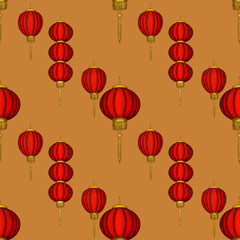 Diagonal Red Lantern on Yellow Background Seamless Pattern Design