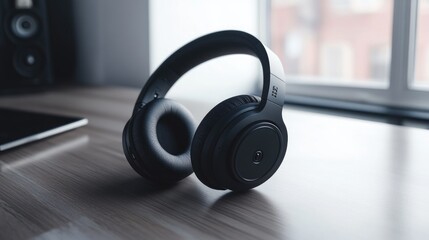 Black headphones for music production resting on a workspace surface
