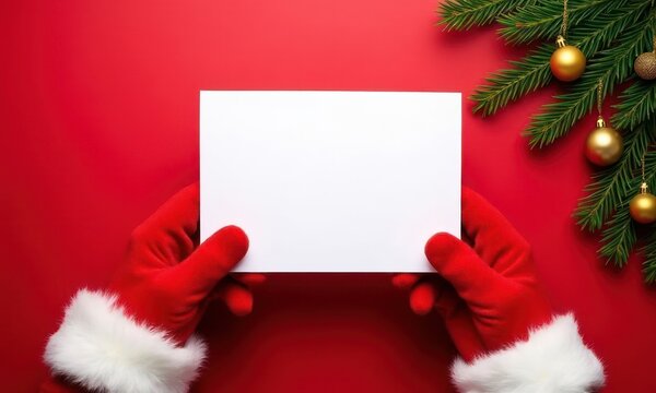 Man is holding white card on red Christmas background. The card is empty, and the man is wearing red gloves