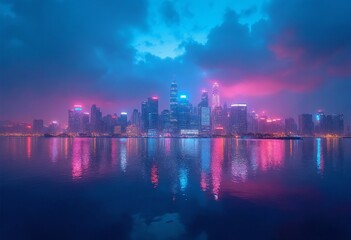 Fototapeta premium A vibrant cityscape with a reflection in the water, illuminated by neon lights against a blue and pink cloudy sky