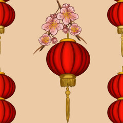 Red Round Three Lanterns with Sakura on Beige Background Seamless Pattern Design