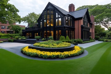 A haunting gothic house with tall windows, dark wood, and a shadowed, eerie garden