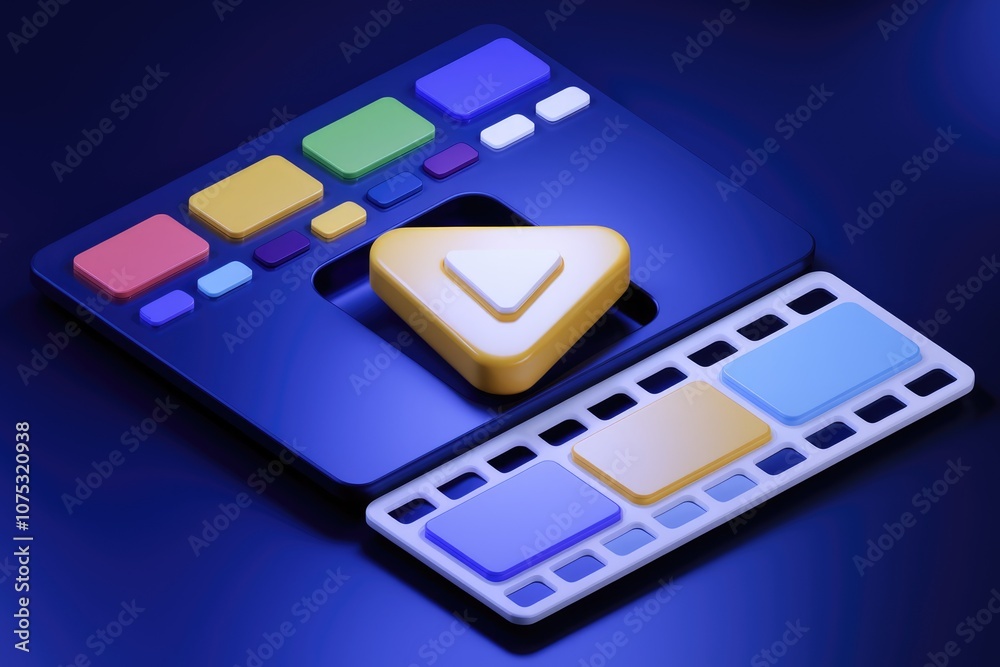 Poster 3D rendering of a colorful play button and filmstrip on a blue background.