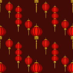 Diagonal Red Lantern on Dark Red Background Seamless Pattern Design