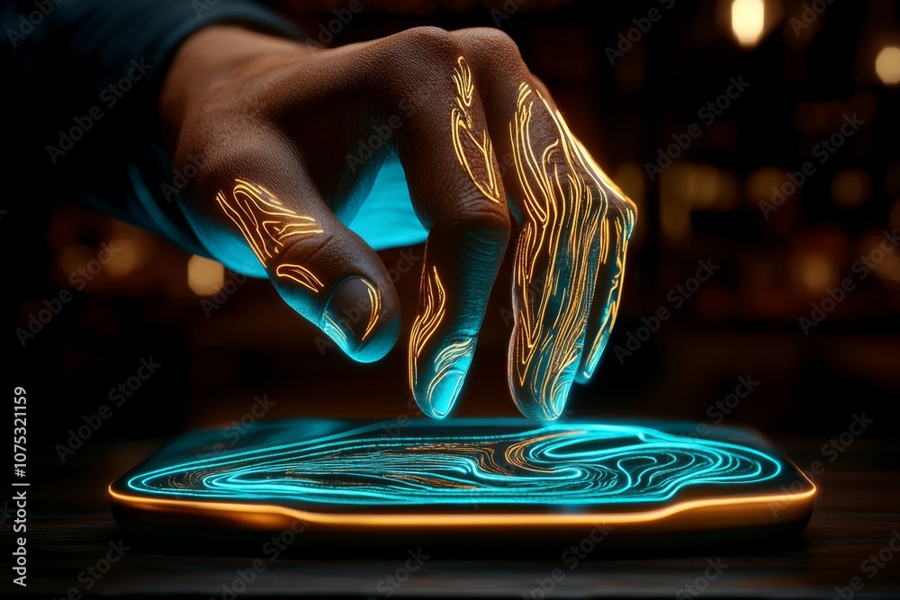 Poster a hyper-realistic close-up of a personâ€™s finger touching a digital icon, with fine detail on the s