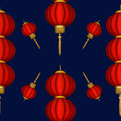 Small Red Round Three Lanterns and Small Round Lanterns on Dark Blue Background Seamless Pattern Design