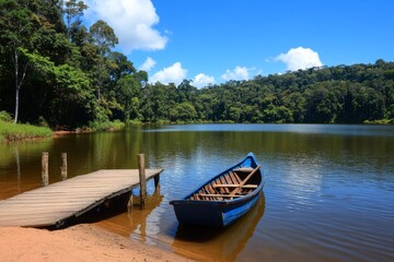 Obraz premium A jungle river with a wooden canoe floating, surrounded by dense, towering trees