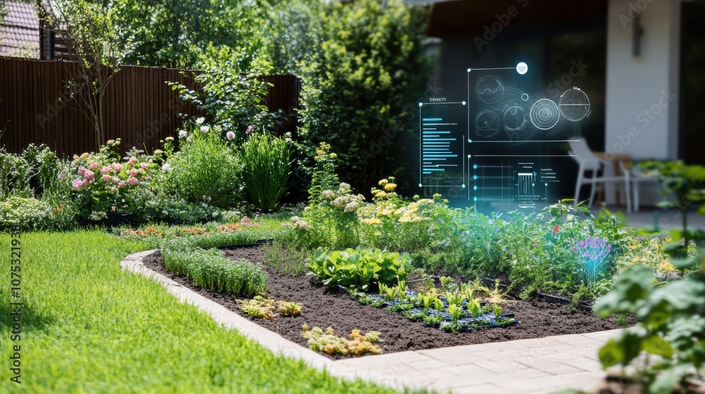 Poster This smart garden showcases an array of thriving plants with automated sprinklers and soil sensors enhancing growth in a sunny backyard. Generative AI