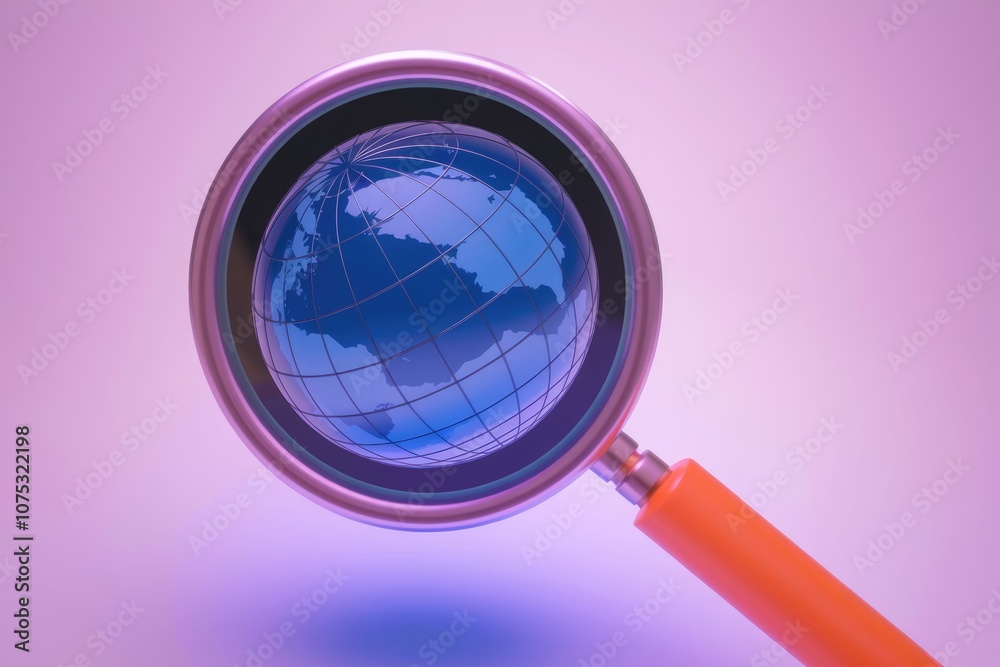 Poster a magnifying glass focuses on a blue globe symbolizing global exploration.