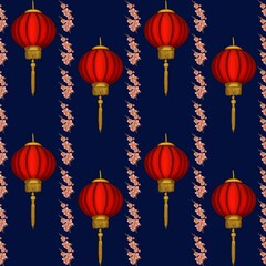 Small Vertical Lines Sakura with Red Round Lantern on Dark Blue Background Seamless Pattern Design