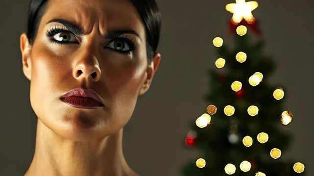 In a striking moment, a woman showcases visible frustration while a beautifully lit holiday tree sets the backdrop, creating an intriguing contrast between emotions and celebration