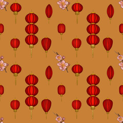 Small Lanterns with Sakura on Yellow Background Seamless Pattern Design