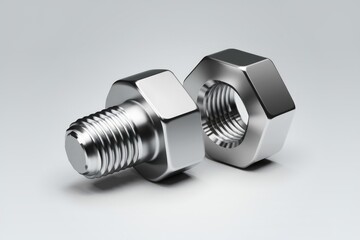 A metal bolt and nut  lying side by side on a white surface.