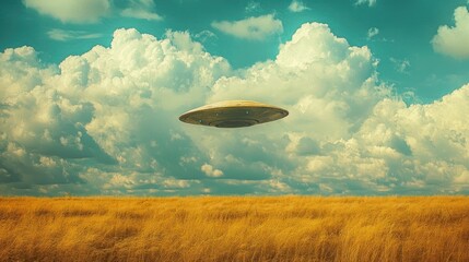Fototapeta premium An unidentified flying object resembling an alien saucer remains motionless in the sky above a field set against a backdrop of clouds Mixed media representation of extraterrestrial themes