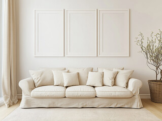 white picture frames on the wall, gallery-style, in a living room with a beige sofa and armchair, neutral tones, and natural light