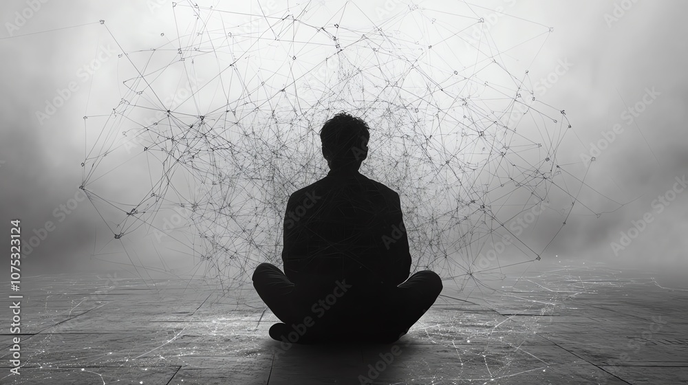 Aufkleber A silhouette of a person sitting in a meditative pose with a network of lines and points behind them, symbolizing the interconnectedness of all things.