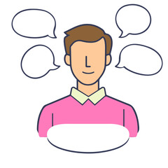 A person engaged in conversation with multiple speech bubbles around them