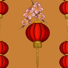 Red Round Three Lanterns with Sakura on Yellow Background Seamless Pattern Design