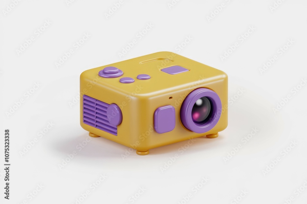 Poster a yellow and purple projector with a lens and buttons