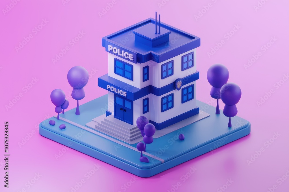 Poster a 3d model of a police station with a blue and white color scheme.