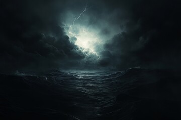 Ominous Stormy Sky with Lightning Over the Ocean. AI generated illustration