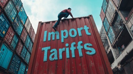 A Man Climbing a Cargo Container With "Import Tariffs" Written on it