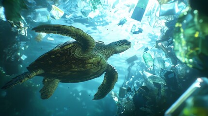 Fototapeta premium Plight of the Sea Turtle: Urgency for Ocean Conservation in a Plastic-Polluted Underwater World