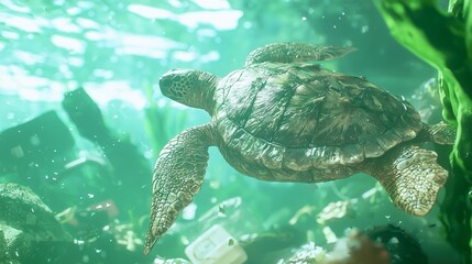 Fototapeta premium The Plight of the Sea Turtle: A 3D Render Depicting Ocean Conservation and Plastic Pollution Awareness