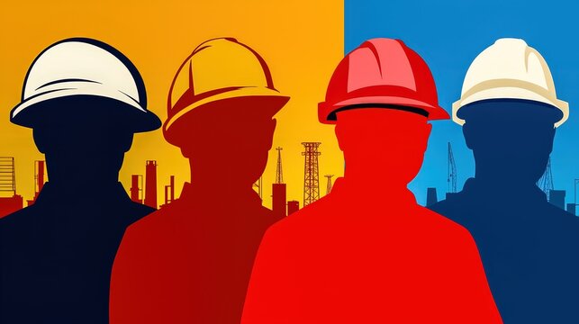 Silhouettes of construction workers, Diverse workforce discussing sustainability training, trade war recovery, economic adaptation