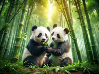 Obraz premium Cute Panda Characters Among Bamboo Forest with Double Exposure Photography, Adorable Wildlife Imagery, Nature Scenes, Playful Animals, and Enchanting Forest Background