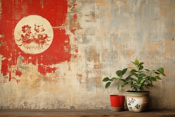 A vintage wall with a faded red circle design, accompanied by potted plants in traditional pots, creating a serene and rustic atmosphere.