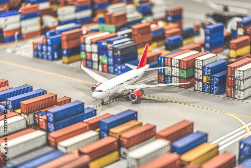 Poster airplane on a runway surrounded by shipping containers symbolizing global trade.
