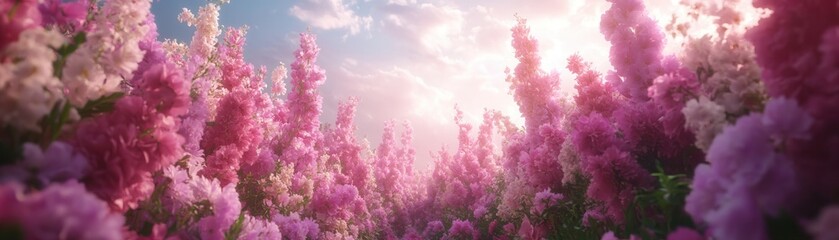 Fototapeta premium A vibrant field filled with blooming pink flowers under soft sunlight, creating a serene and enchanting atmosphere.