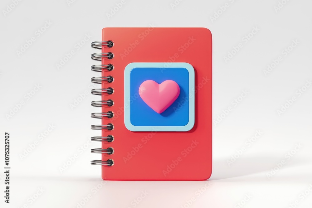 Poster a red notebook with a heart on the cover.